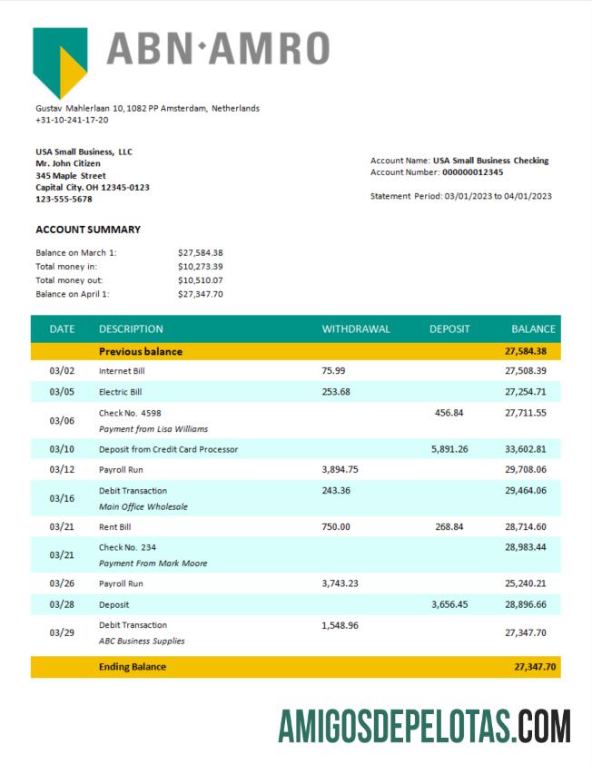 Em branco ABN Amro empresa bancária extrato de conta corrente modelo Word e PDF